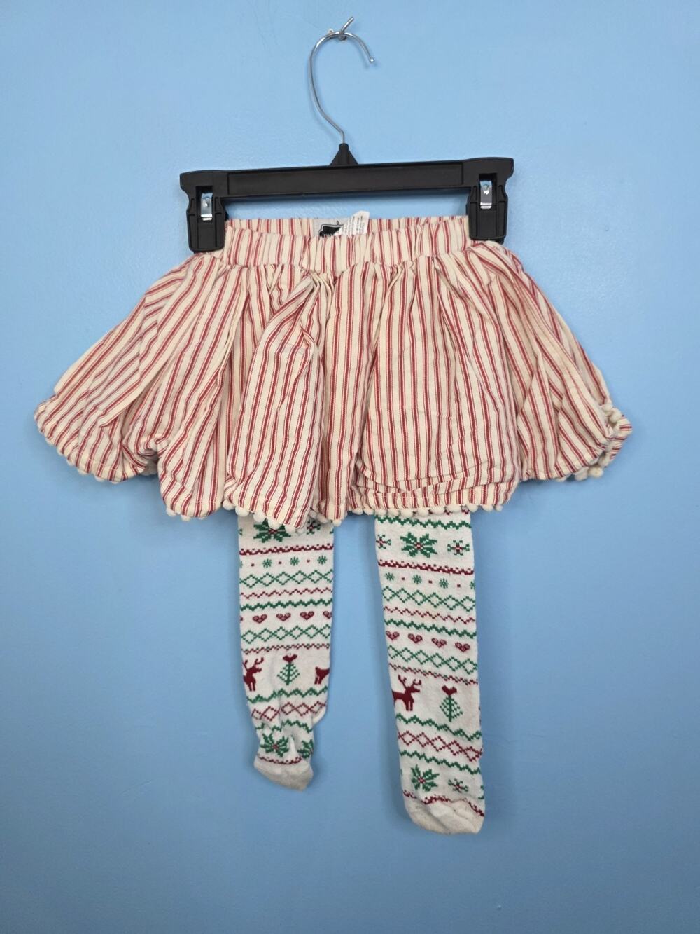 Girls Mud Pie Striped Christmas Pom Pom Skirt With Built In Tights Size 24M/2T
